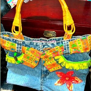 NWOT Mudd Jeans  Hand Crafted Denim Tote! Bamboo Handles Yellow & Orange Accents